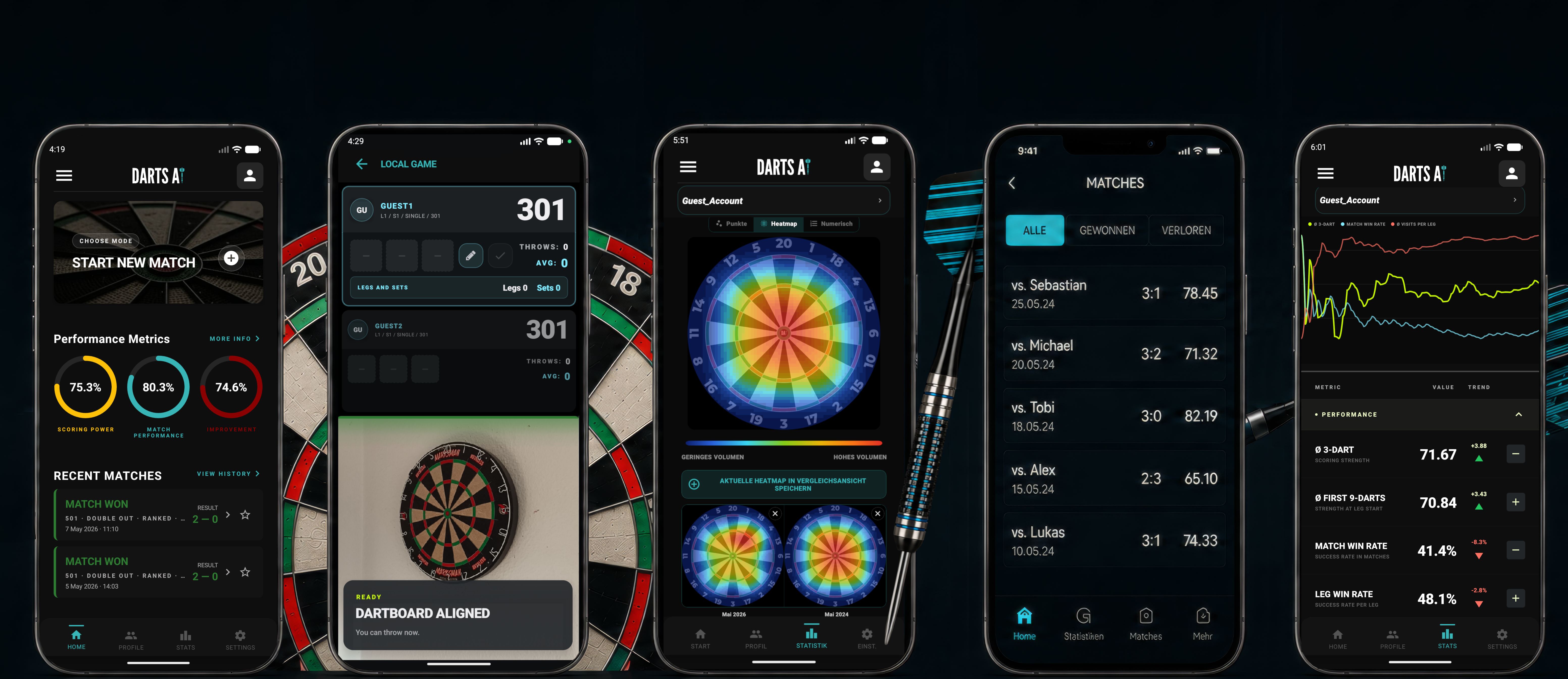 DartsAI app screenshots – 501 scorer, dart statistics, heatmaps and matches on iPhone