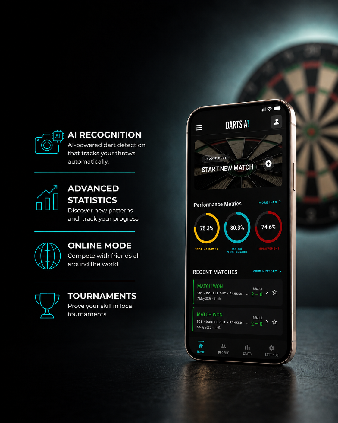 DartsAI dart app preview with AI scoring, statistics and online mode