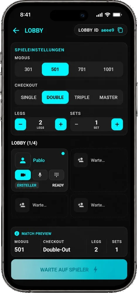 DartsAI online lobby with game settings for 501 and double-out